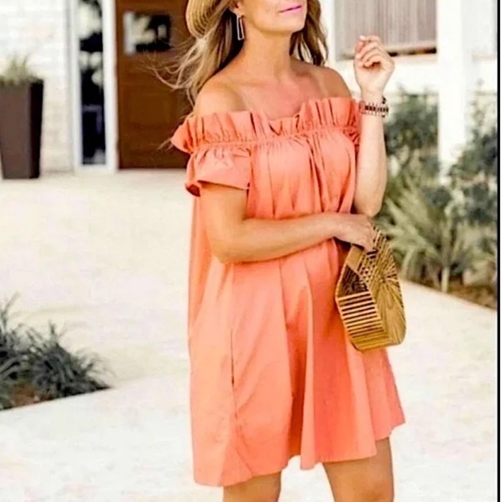 Free People SOPHIE off the shoulder Orange mini dress w two front pockets